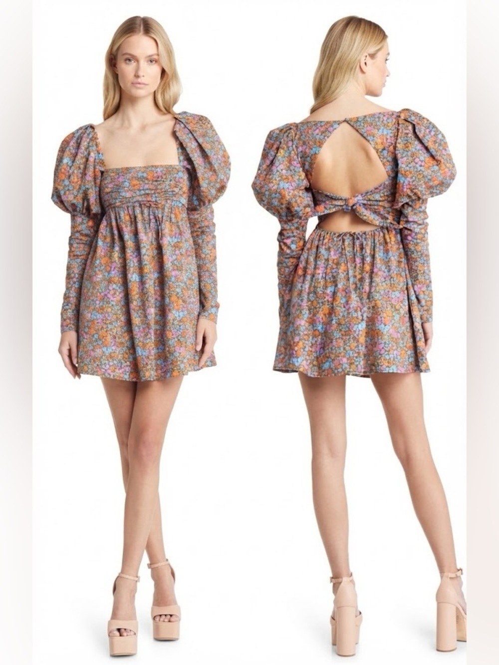 For Love & Lemons Brittany Floral Long Sleeve Organic Cotton Babydoll Minidress
